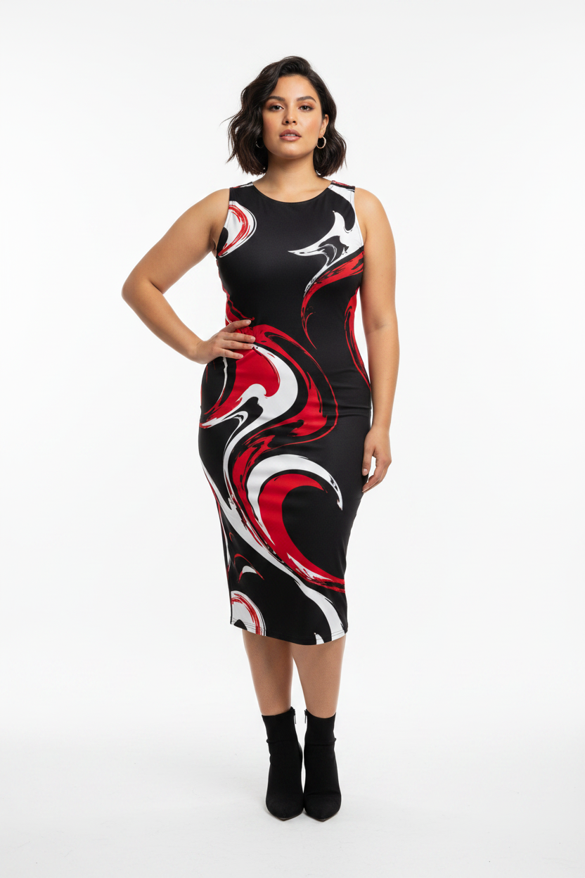 Fluid Print Bodycon Dress (Black)