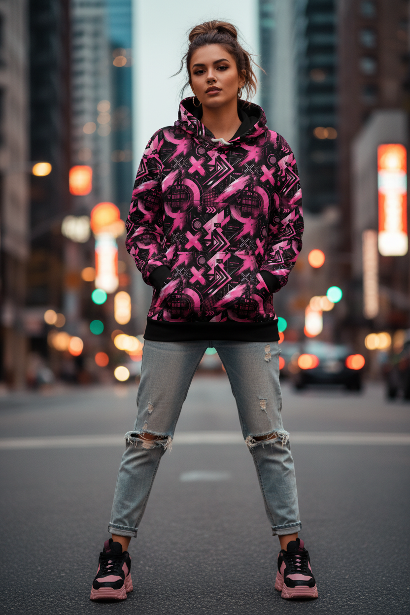 Symetric Print Cotton Hoodie Pink/Black