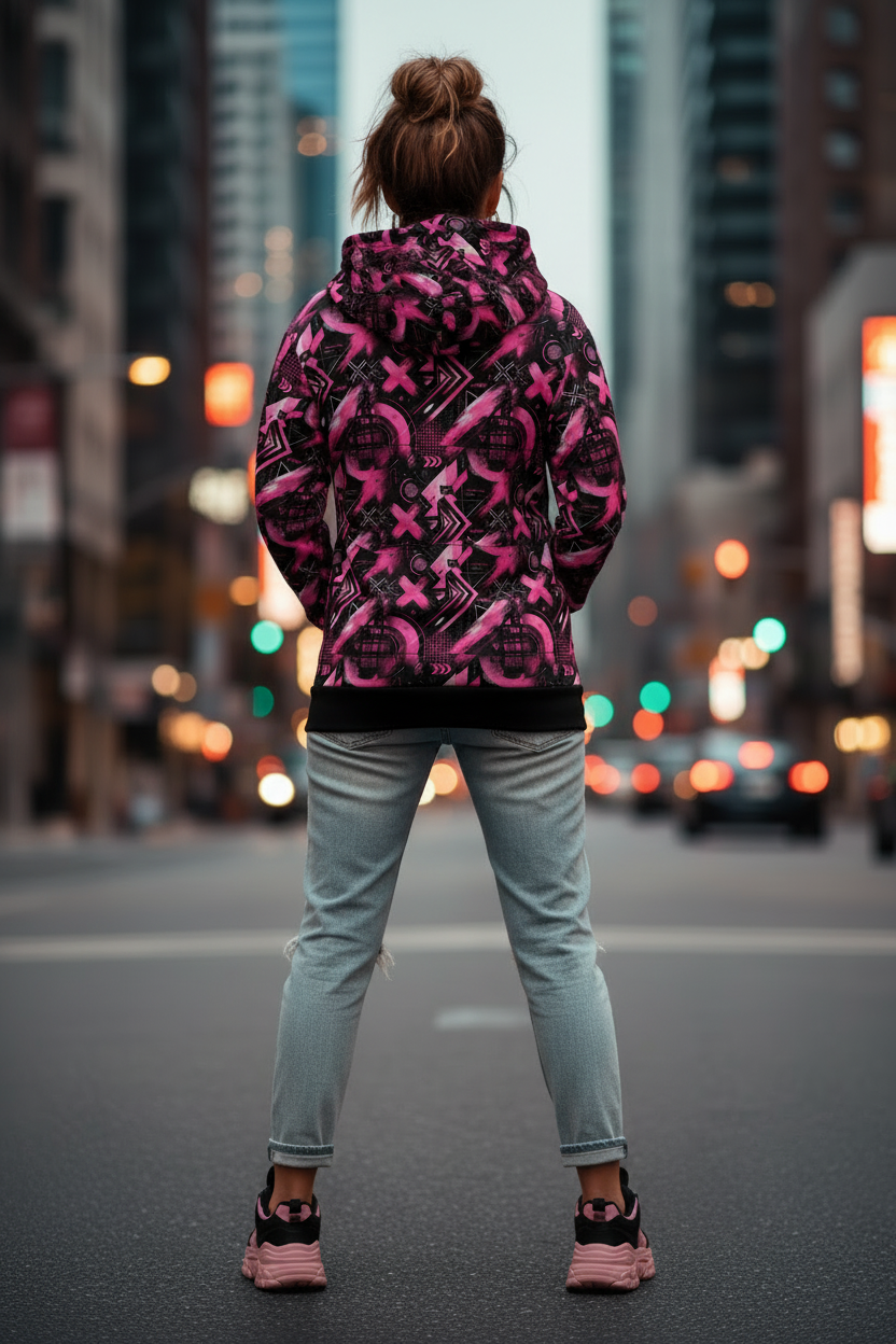 Symetric Print Cotton Hoodie Pink/Black