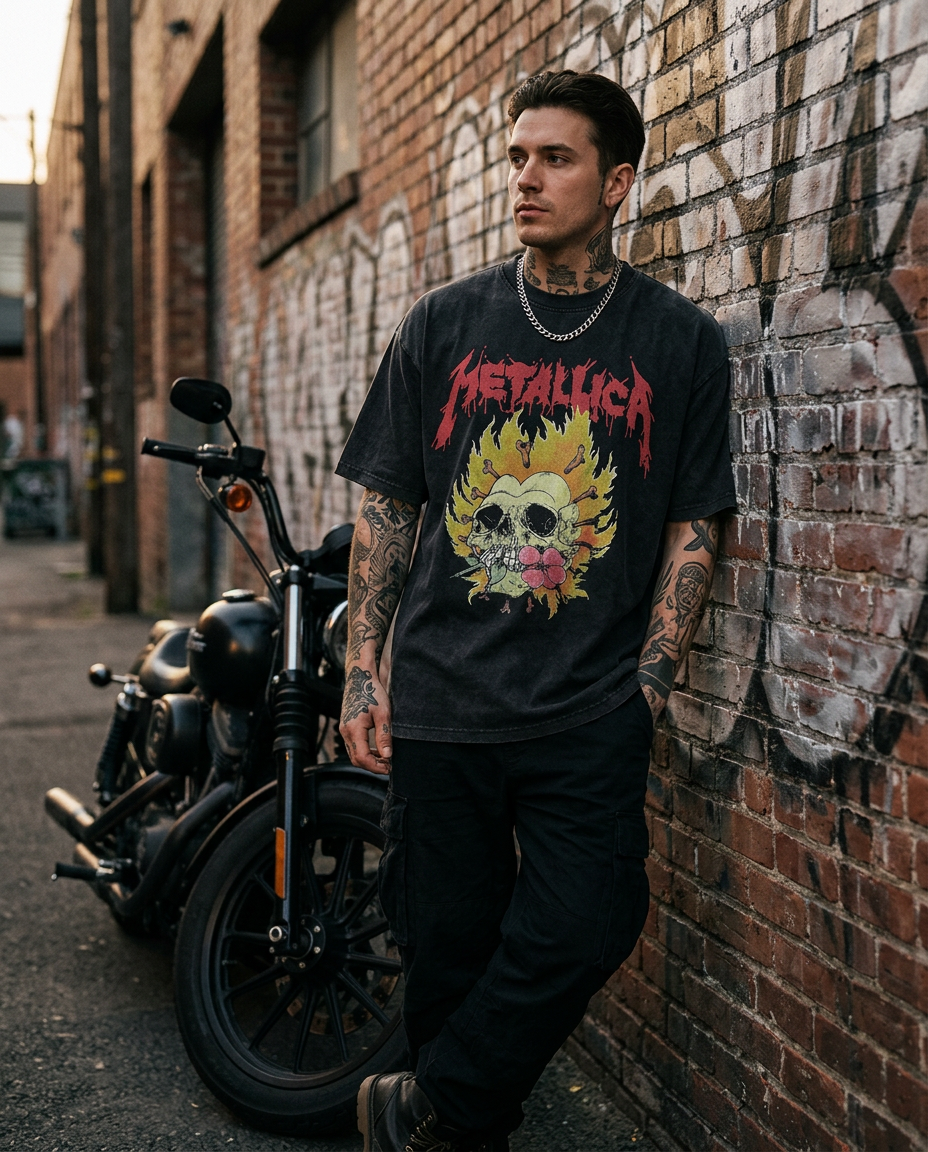 Men's Flaming Skull Vintage Wash Graphic Tee - lifestyle photo