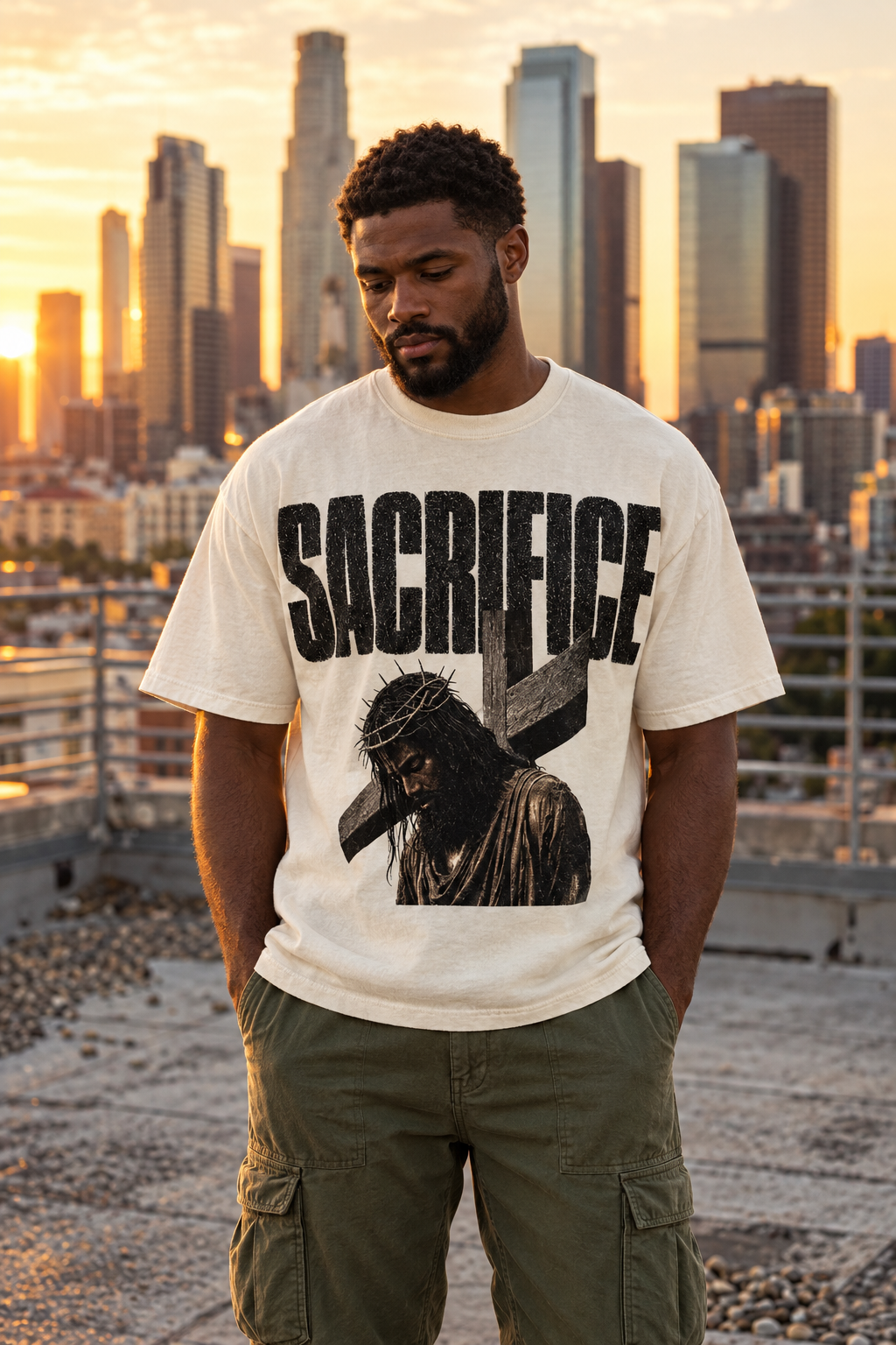 Sacrificial Love 275GSM Men's Double-Yarn Raw-Edge Pigment-Wash T-Shirt - lifestyle photo