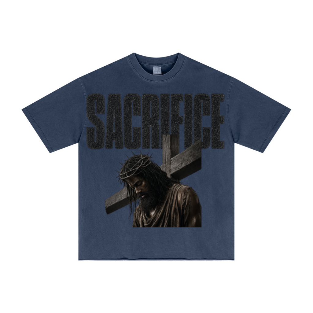 275GSM Men's Double-Yarn Raw-Edge Pigment-Wash T-Shirt Dark blue